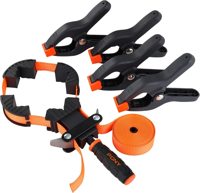 Jorgensen PONY 5-in-1 Strap Clamp with 4-Pack 6-2/7" Spring Clamps, Woodworking Frame Clamping Strap Holder, Rapid Acting Band Clamp - Image 1